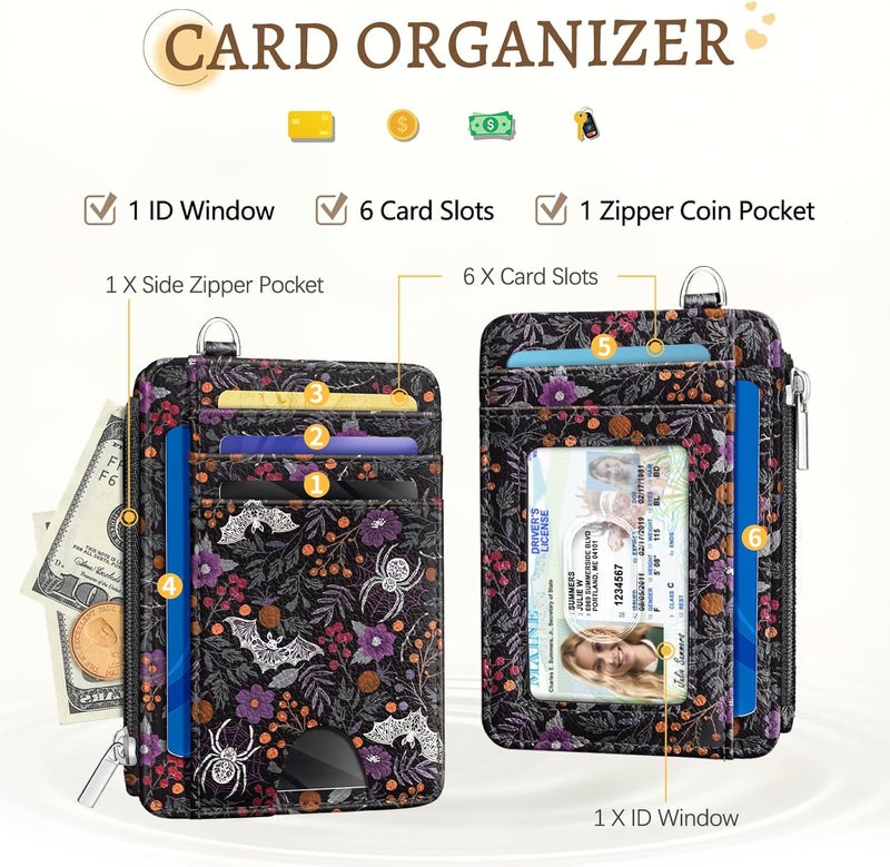 Kelvoris Goth Bat Spider Credit Card Holder Small Wallet Women, Gothic Slim RFID Blocking Wallet Woman Keychain with Zipper Coin Pocket, Front Pocket Thin Travel Card Case with ID Window Ladies Gifts - Image 3